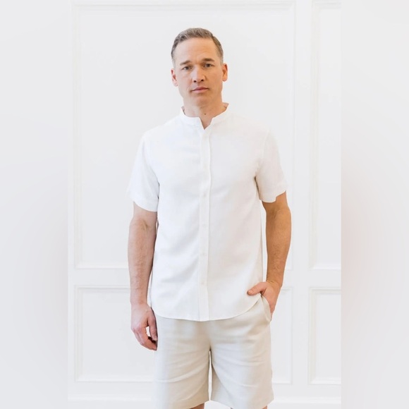 Cozy Earth Men's White Coastal Comfort Mock Neck Short Sleeve Button Down Sz L - Picture 1 of 10